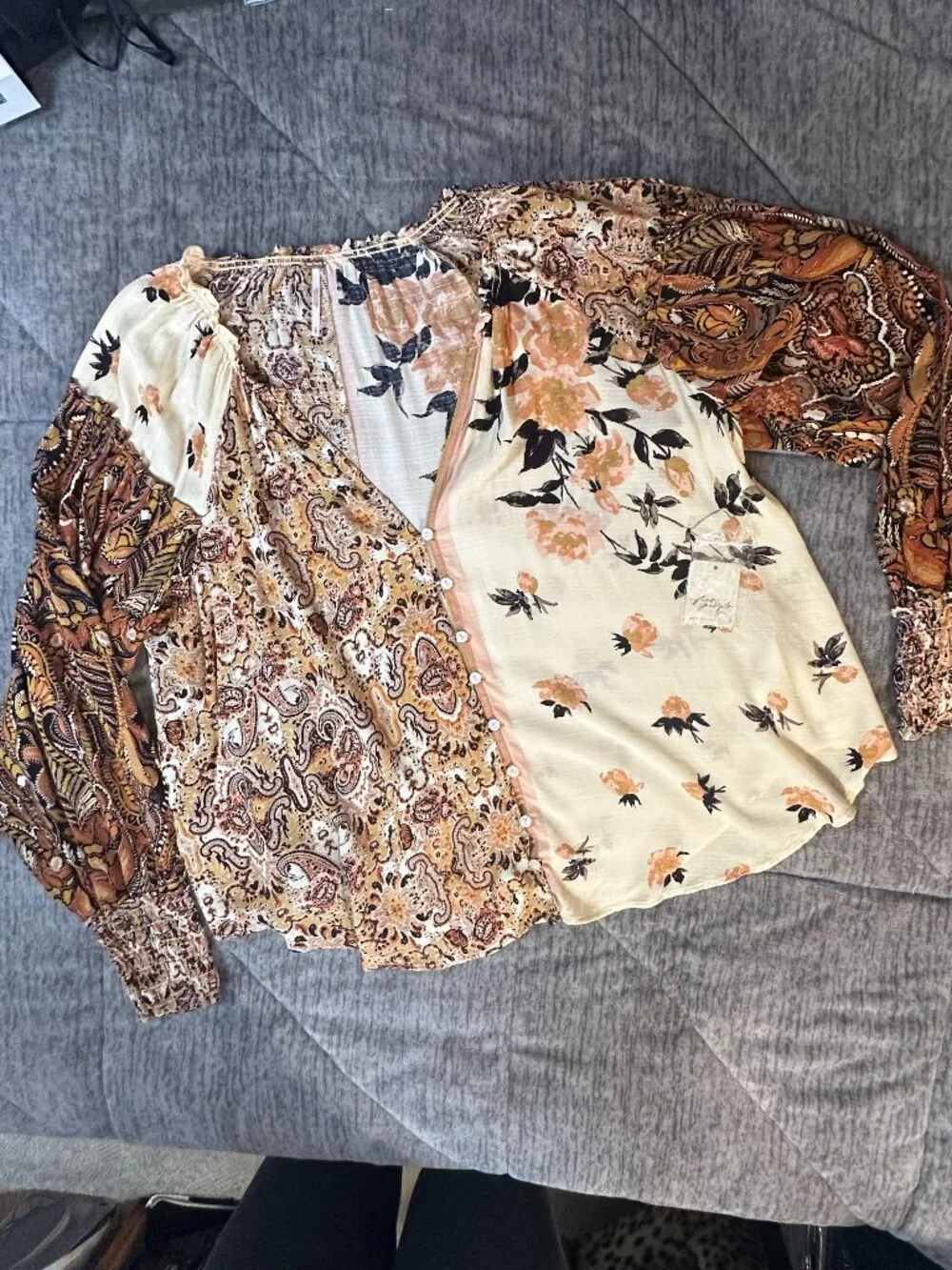 NWT Free People Gemini Blouse Sand Combo Patchwork Boho Top - Small